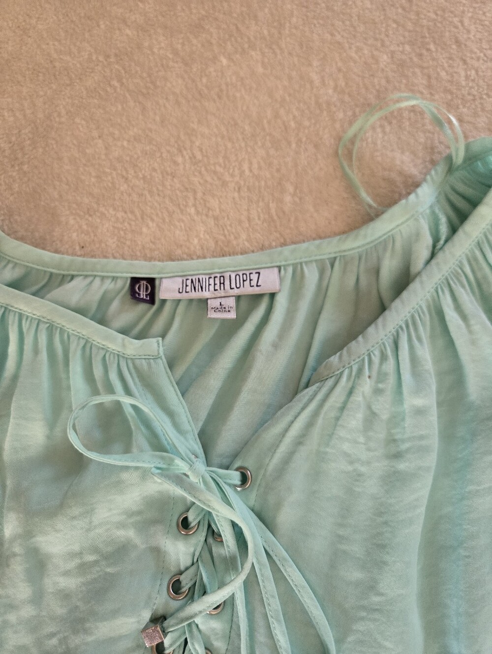 JLO- L- Light Aqua Lace-Up Peasant Blouse - Picture 5 of 5
